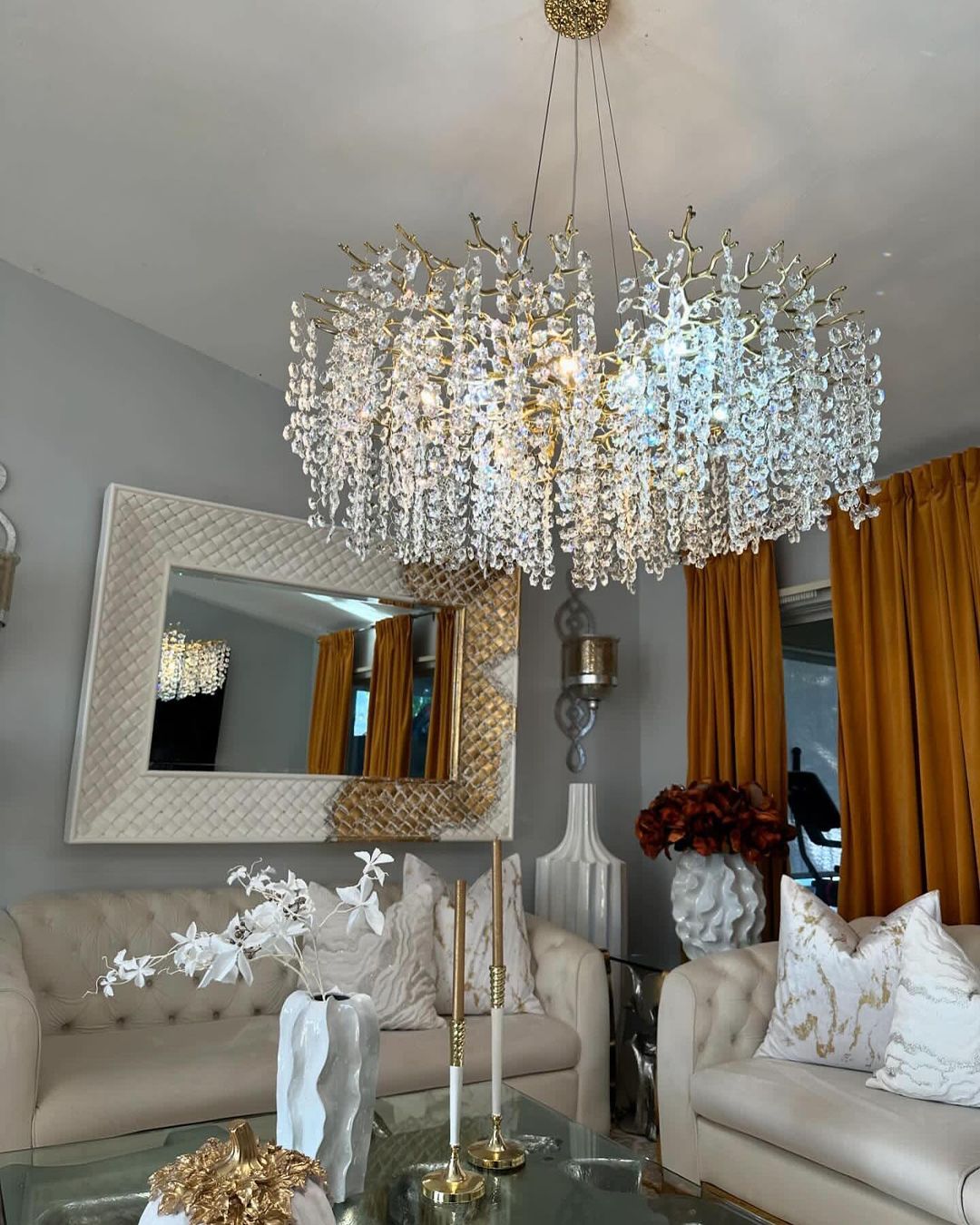 Modern Round/Rectangular Floral Crystal Chandelier for Low-ceiling, Customized / Warm Light
