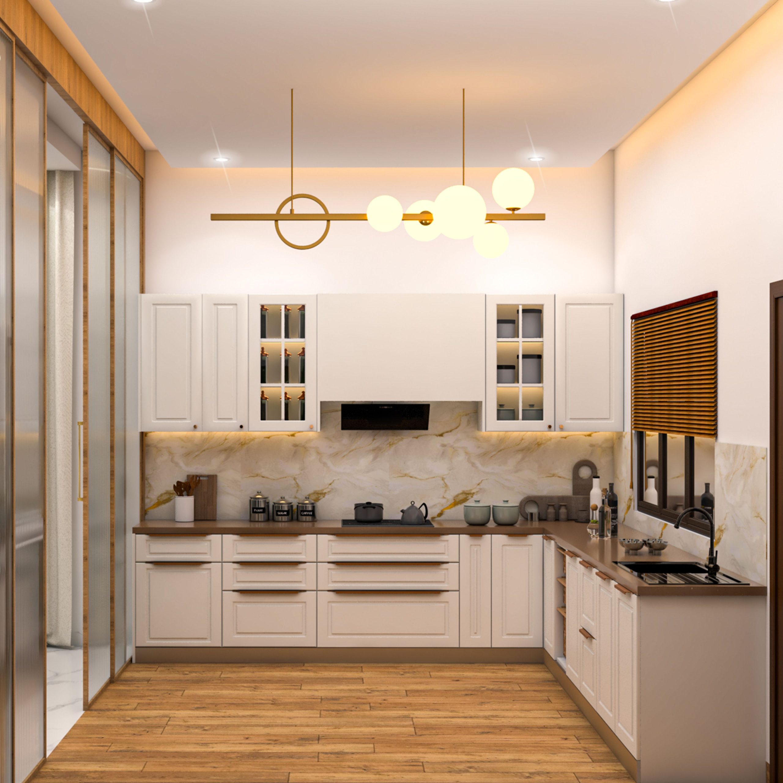 Off-White L-Shaped Classic Kitchen Design with Quartz Countertop | Livspace