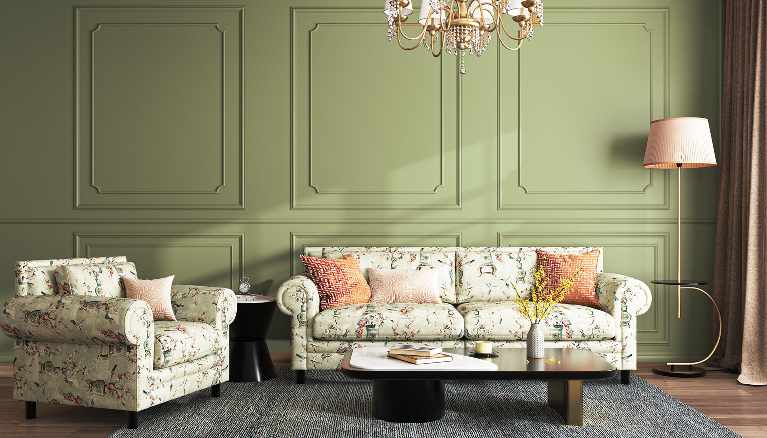 Olive Green Classic Wall Paint Design with Architectural Molding Detail | Livspace