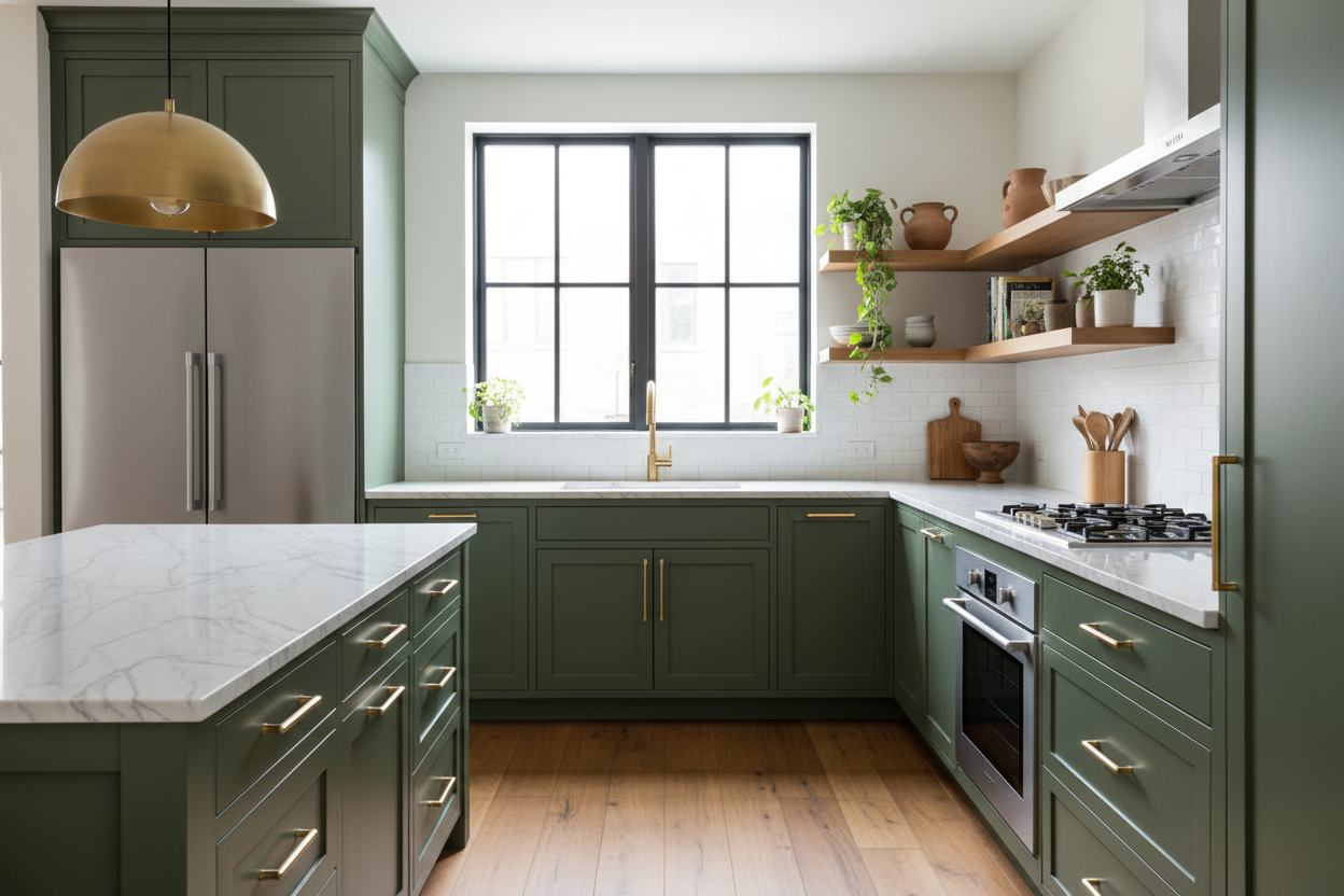 Olive Green Kitchen Cabinets Color Combinations | Kitchen Design Tips | Complementary Materials – GoldenHome Global