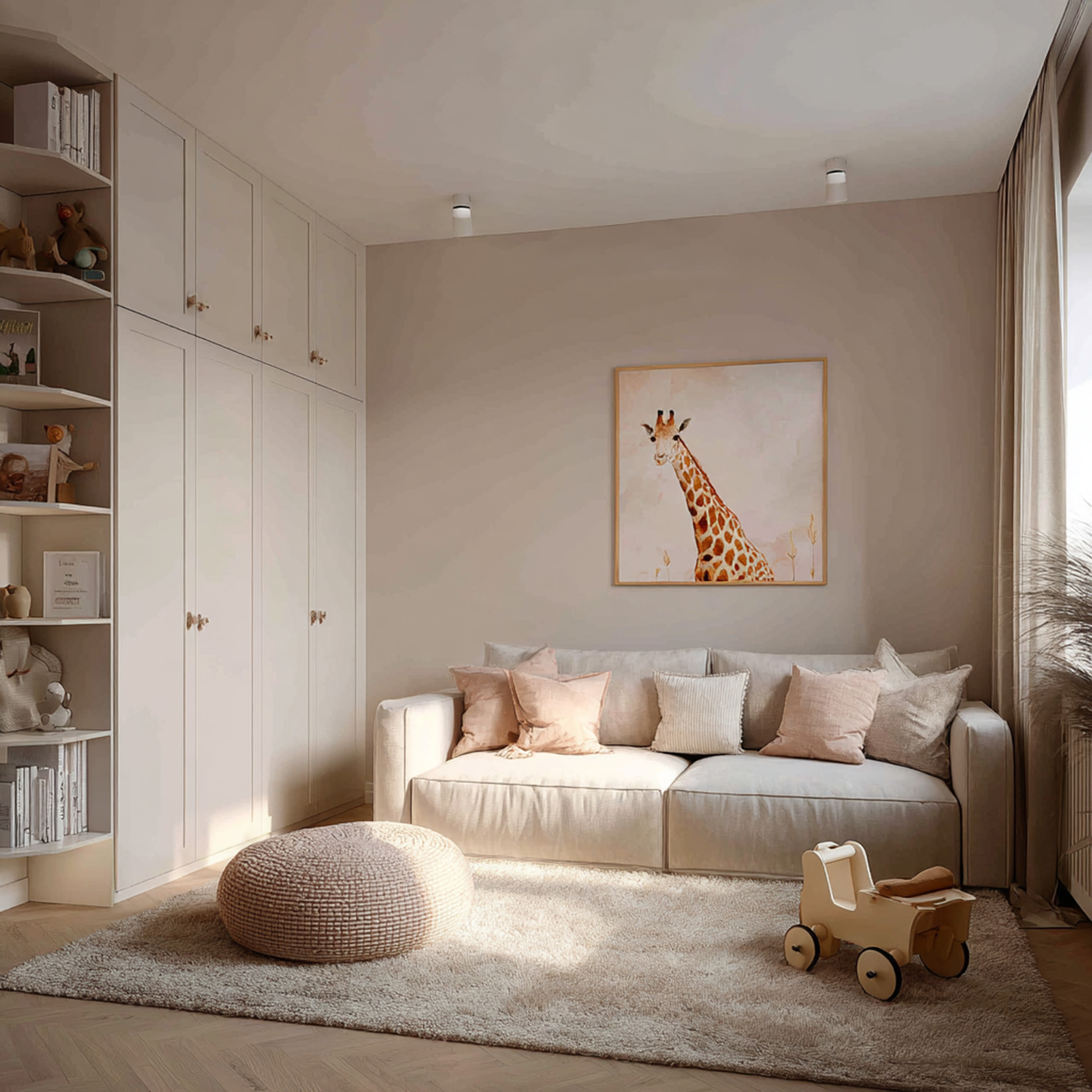 Scandinavian Kids Bedroom Design with Wardrobe and Display Shelves | Livspace