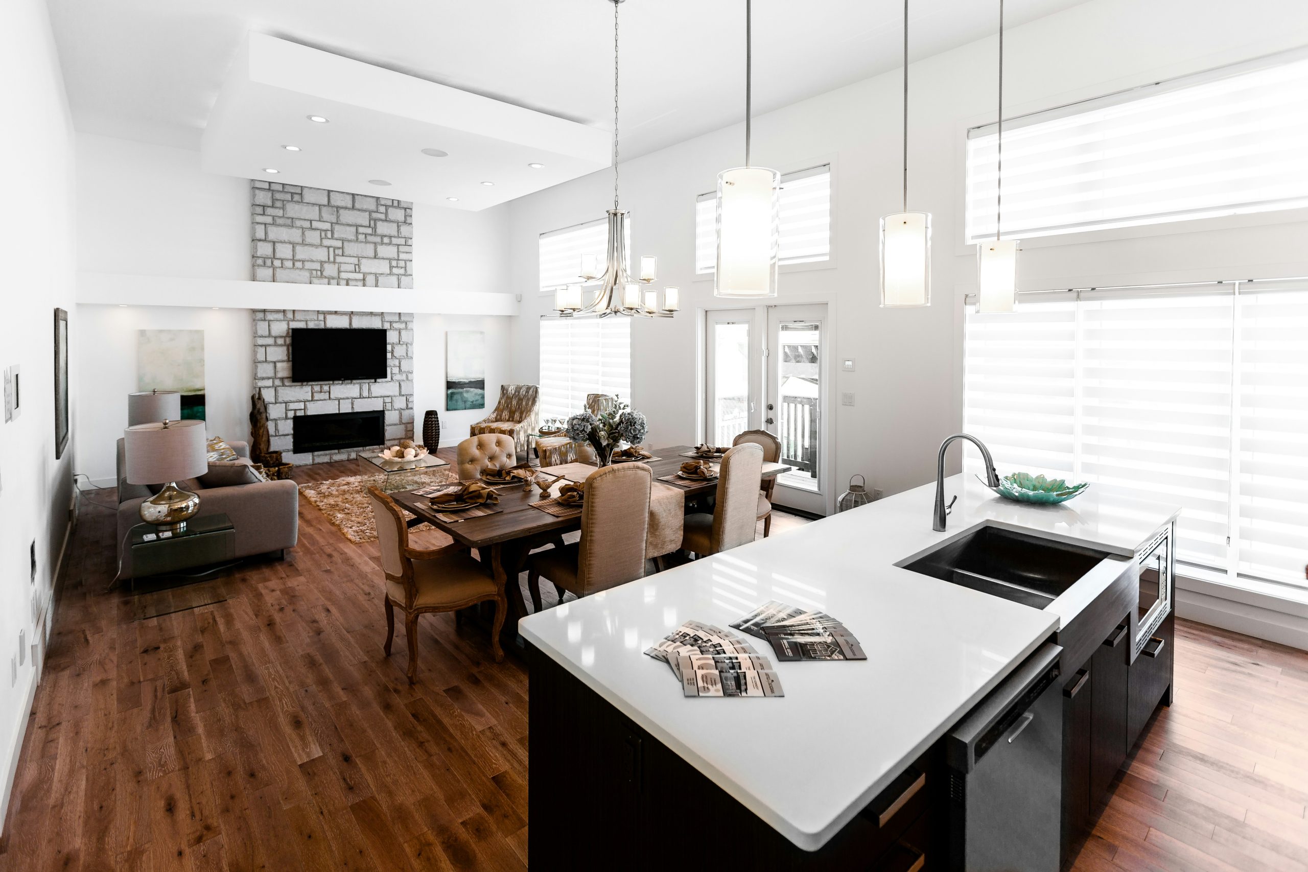 Spacious open-concept kitchen, dining, and living room.