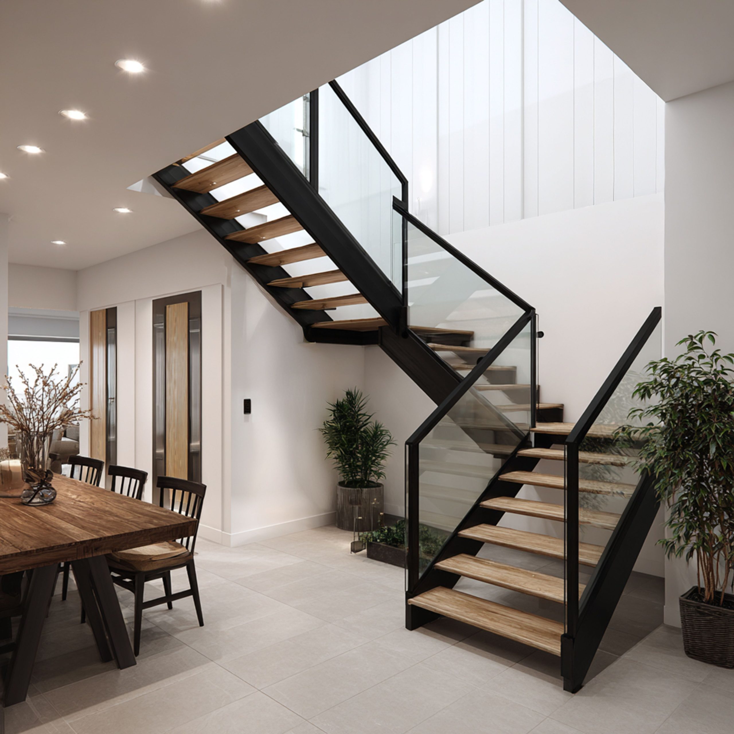 Staircase Design with Contemporary L-Shaped Layout and Glass Railing | Livspace