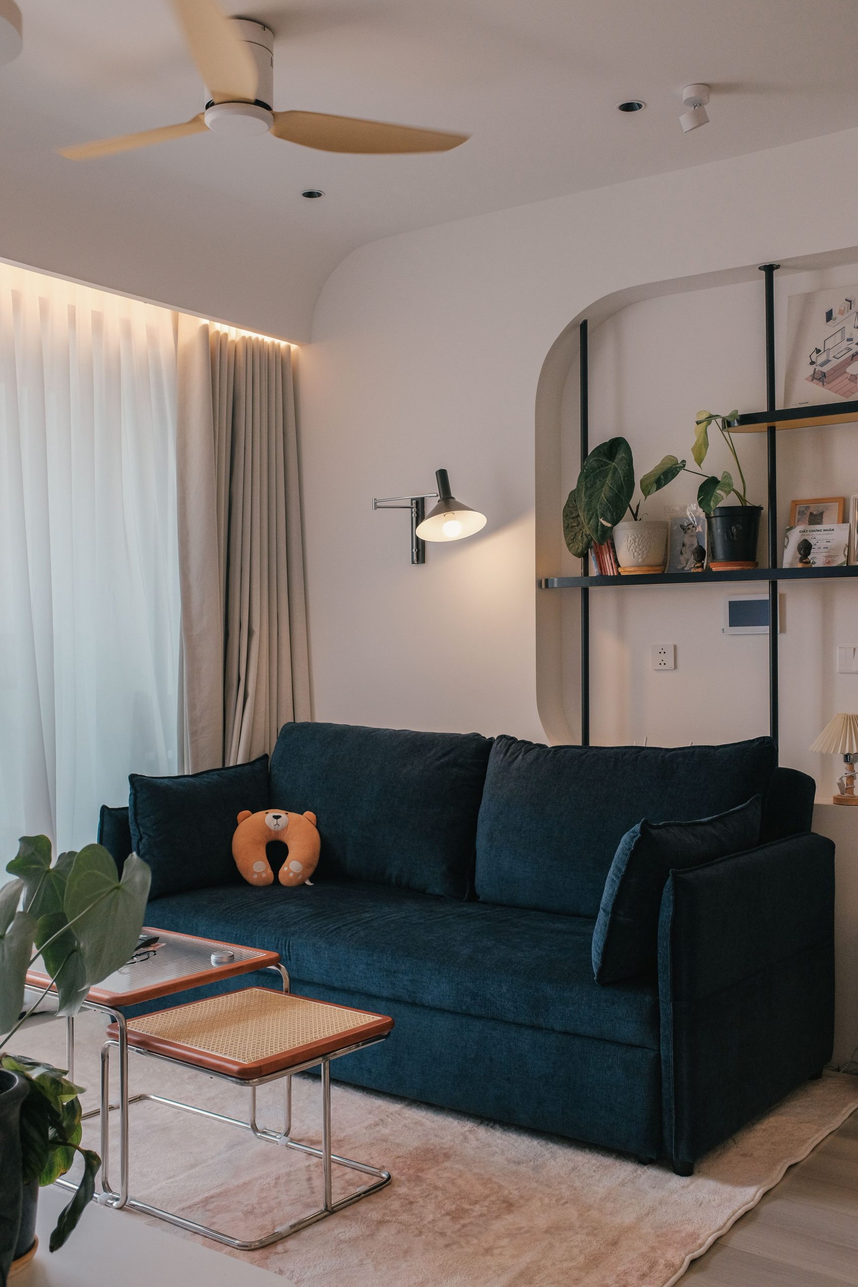 Stylish living room featuring a navy sofa, indoor plants, and contemporary decor.
