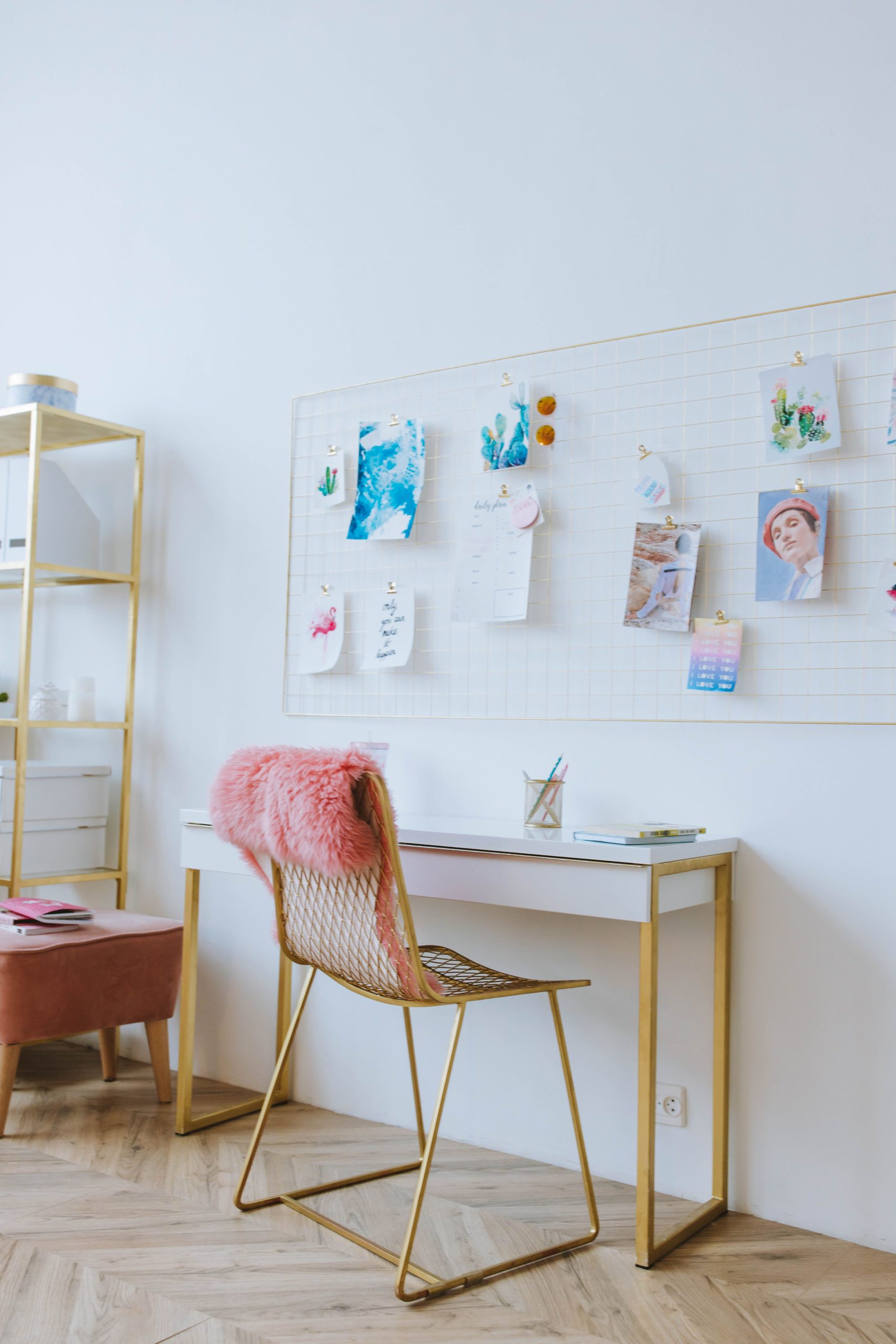 Stylish workspace with chic furniture and minimalist decor, ideal for modern interior design.
