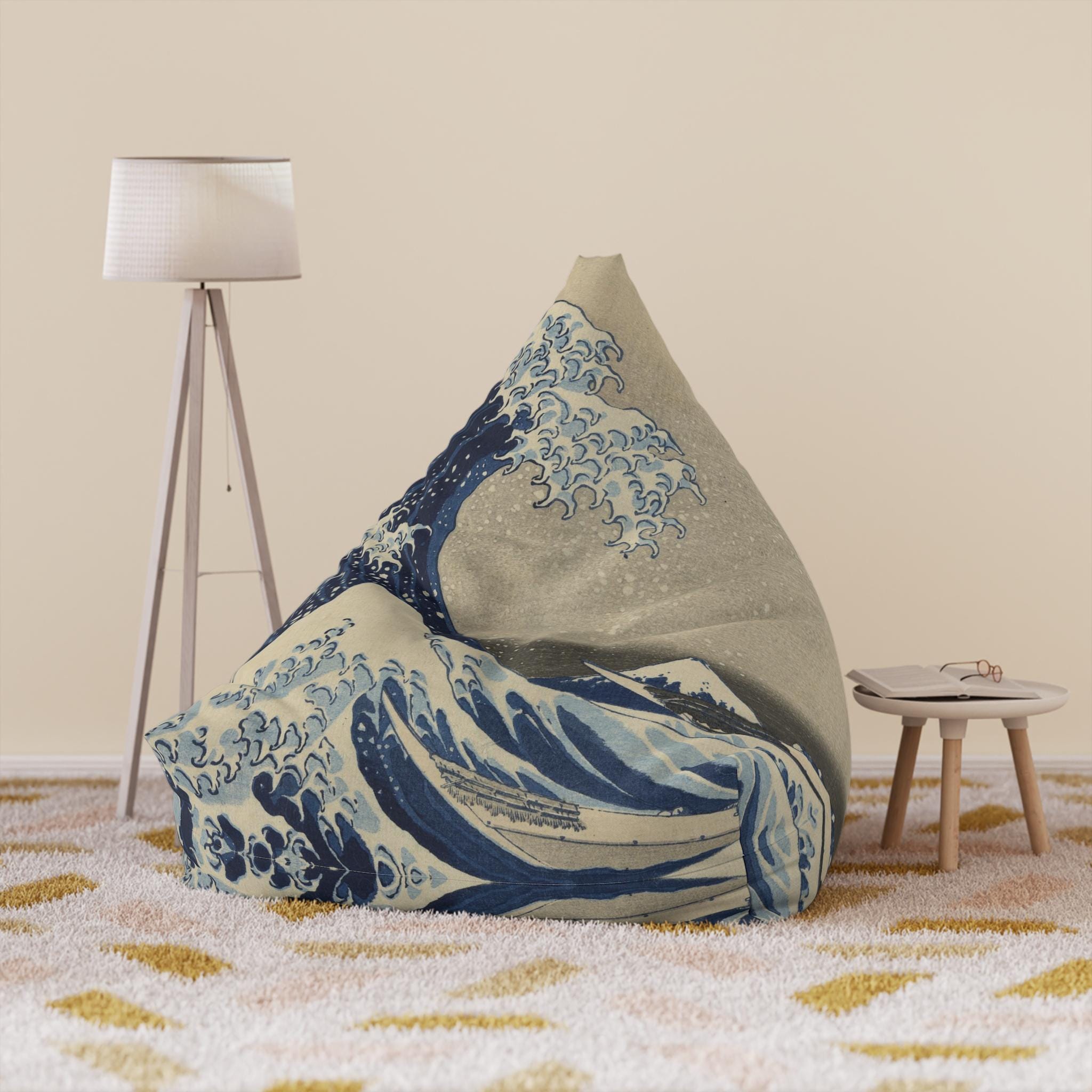 The Great Wave Bean Bag Chair Cover - Ukiyo-e Art by Katsushika Hokusai, Japandi Style Interior Accent - Cover Only, No Filling Included | Real Japan Artworks