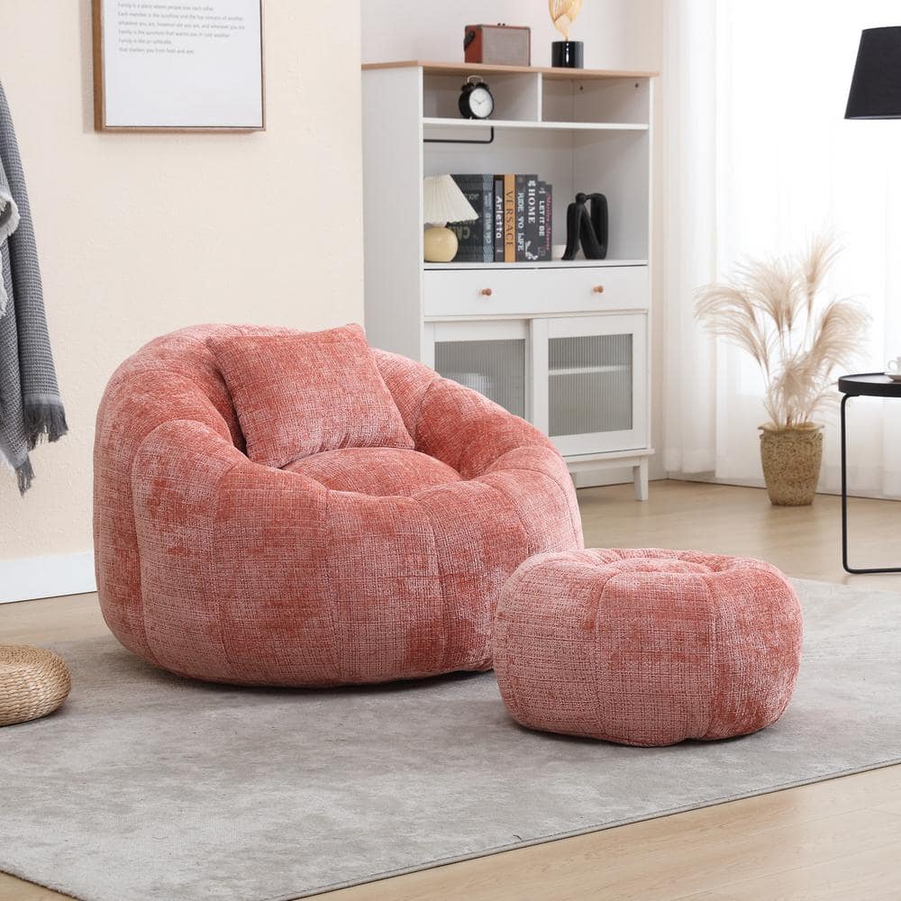 Ubuy Next Bean Bag Chair Floor Sofa Faux Fur Bean Bag Chair With Shell Design Includes Pillow Footstool (Pink) Pink Bean Bag