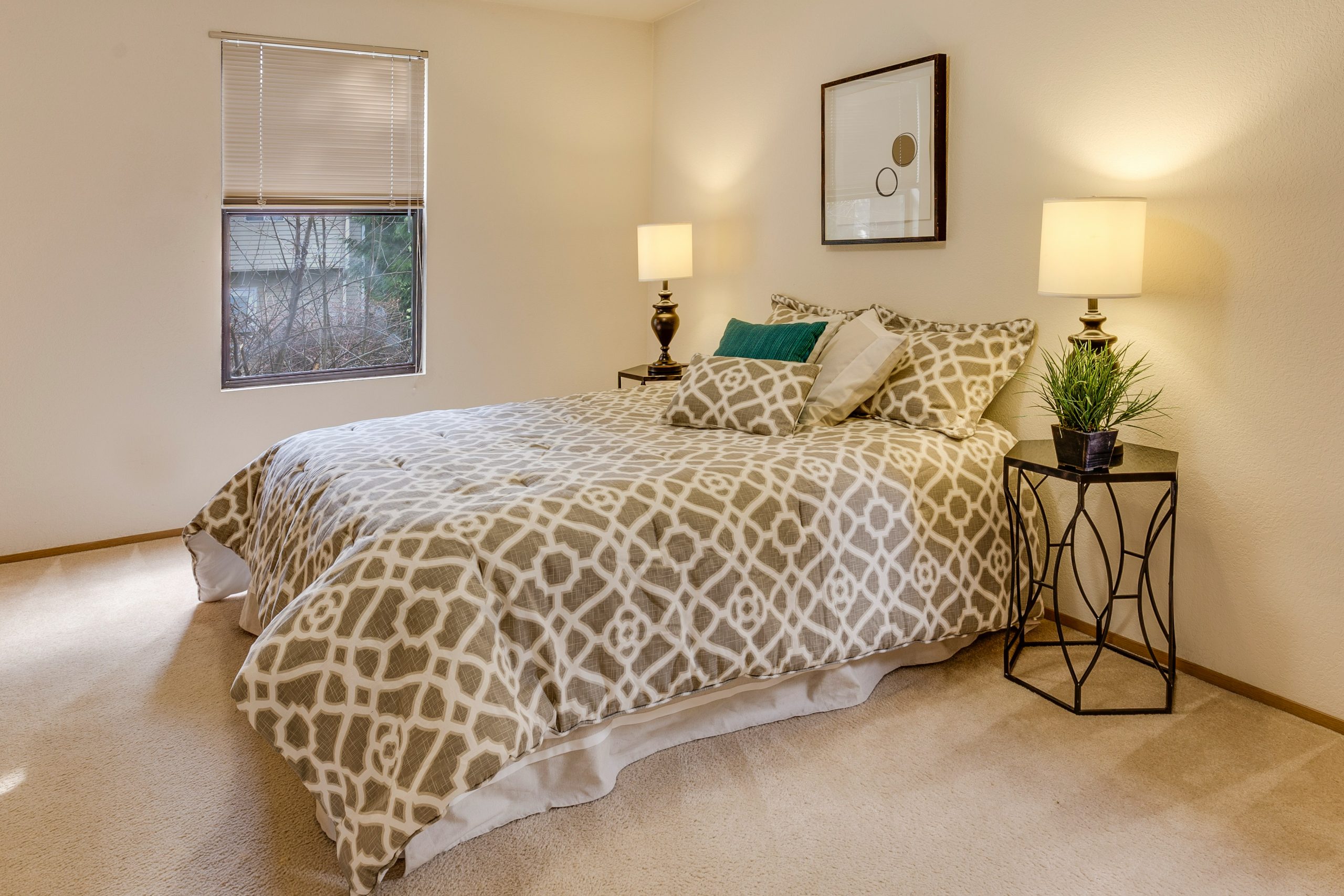 white-and-brown quatrefoil bedspread set on bed near window