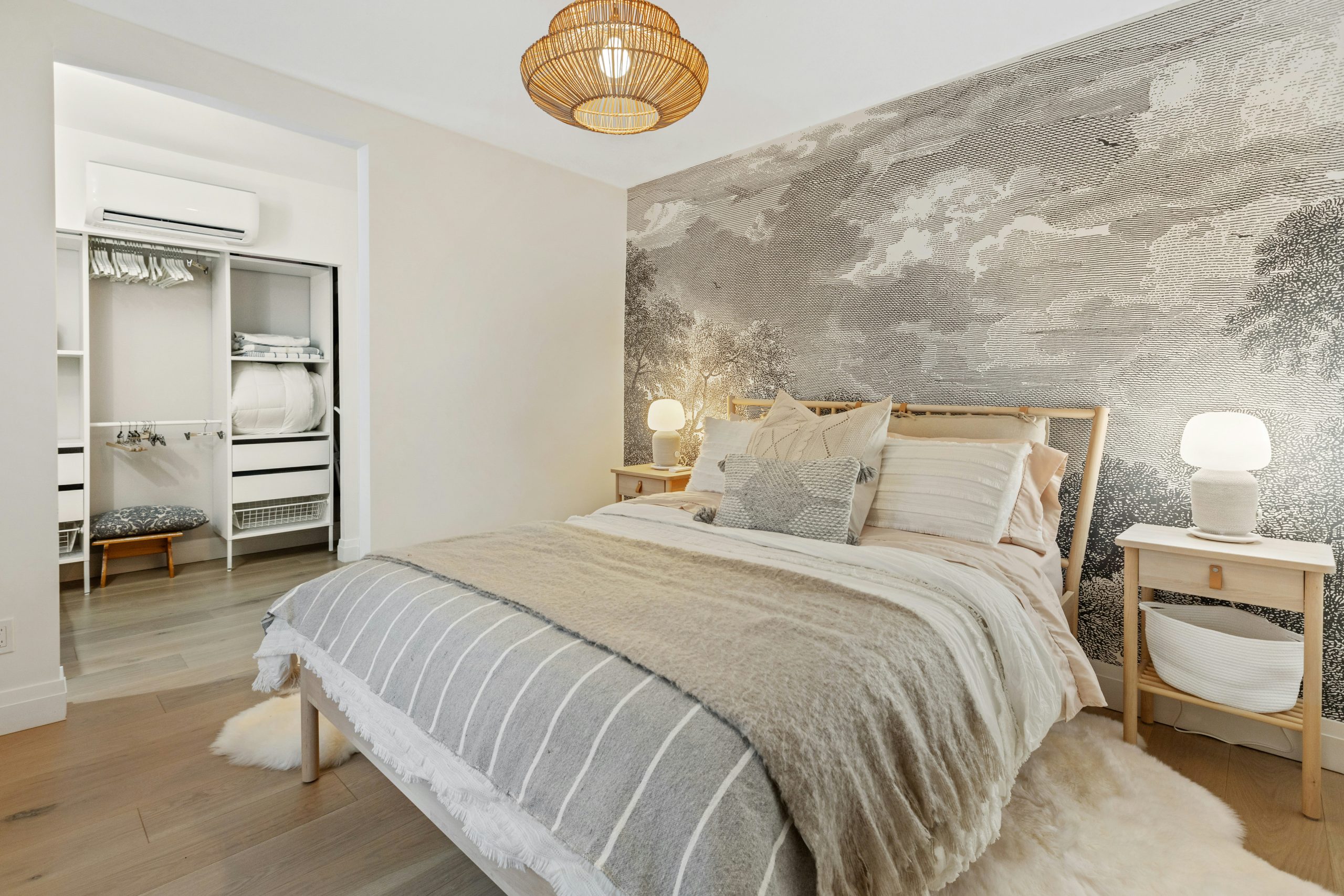 white and gray bed linen