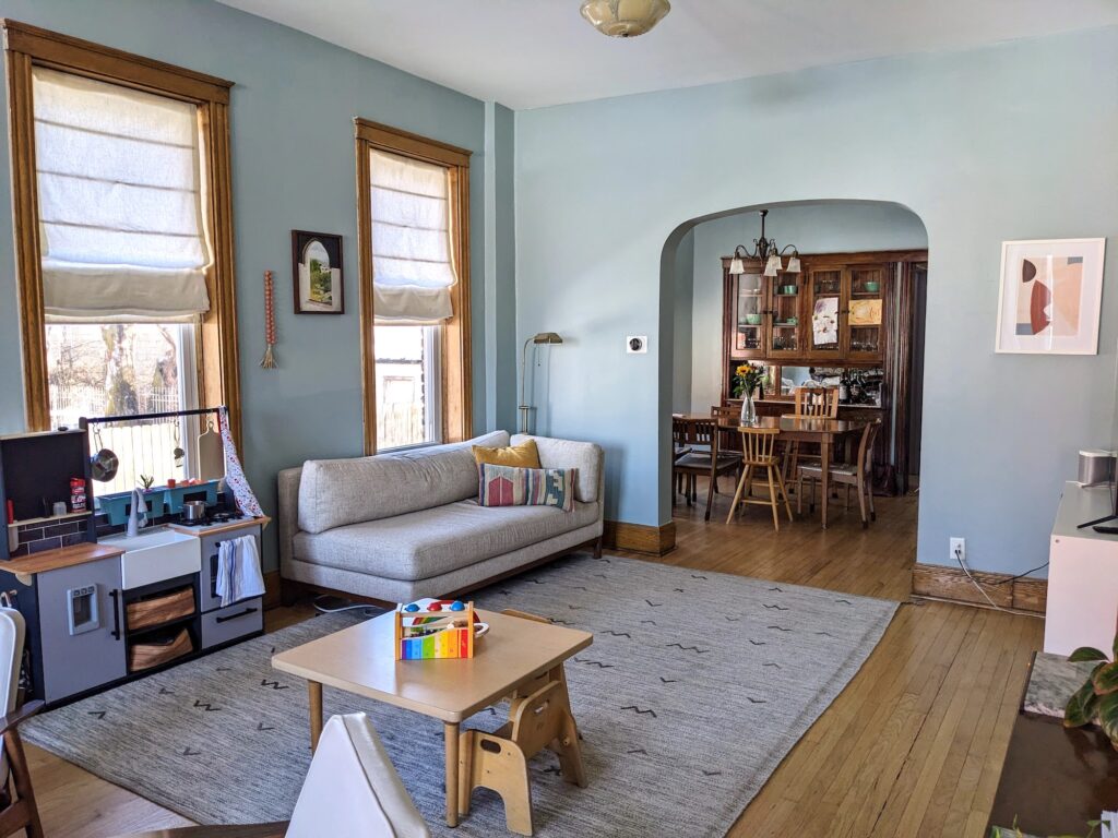 Working with a small and challenging layout for our combo living room / playroom - Greystone Vintage