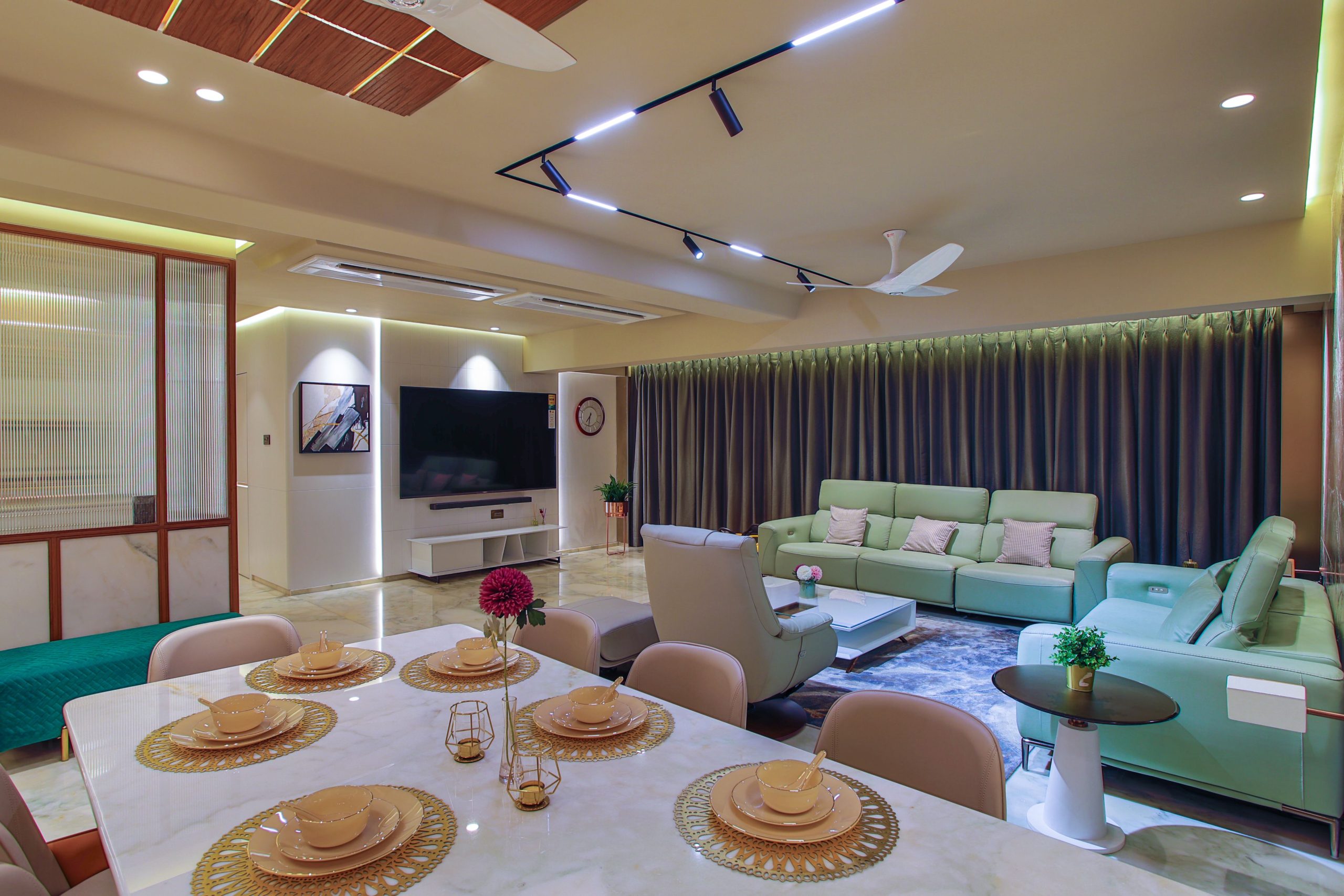 A stylish and modern living room interior with elegant decor and furnishings.