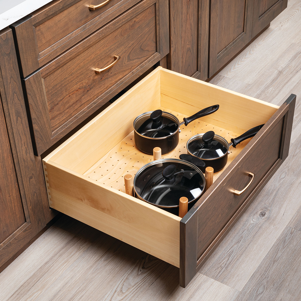 Peg Board Drawer Organizer (Pots & Pans) Cabinet Storage - Bertch Cabinet, LLC